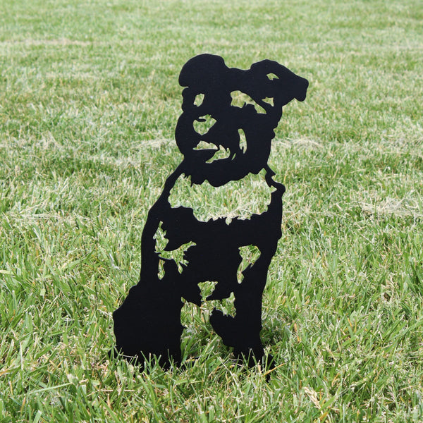 Schnauzer Corten steel dog silhouette, matte black finish, shown outdoors – My Metal Rescue