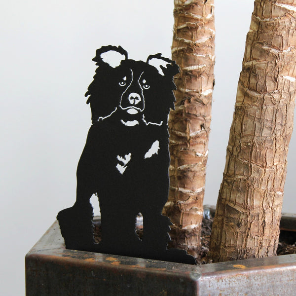 Border Collie Corten steel dog silhouette, matte black finish, shown outdoors – My Metal Rescue