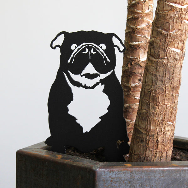 English Bulldog Corten steel dog silhouette, matte black finish, shown outdoors – My Metal Rescue