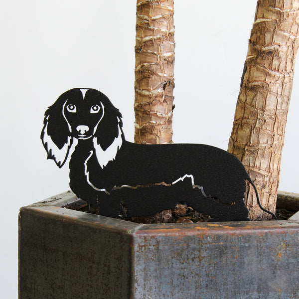 Dachshund Longhaired Corten steel dog silhouette, matte black finish, shown outdoors – My Metal Rescue