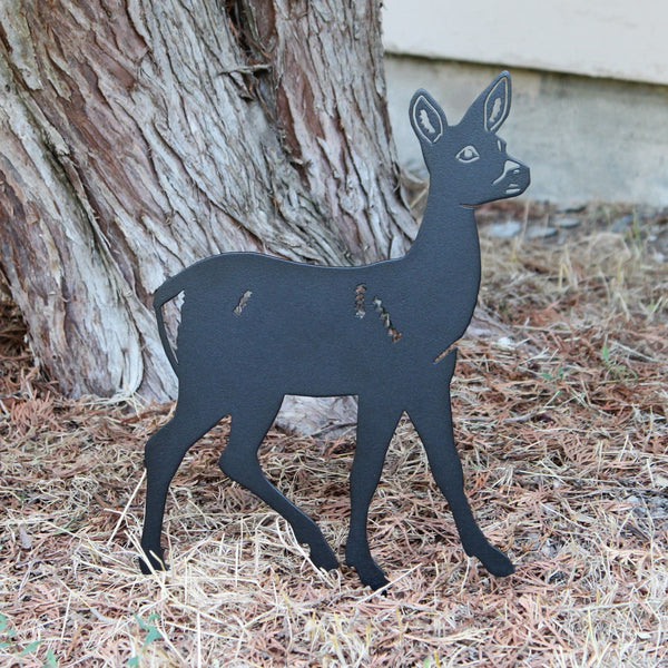 Deer Doe Corten steel dog silhouette, matte black finish, shown outdoors – My Metal Rescue