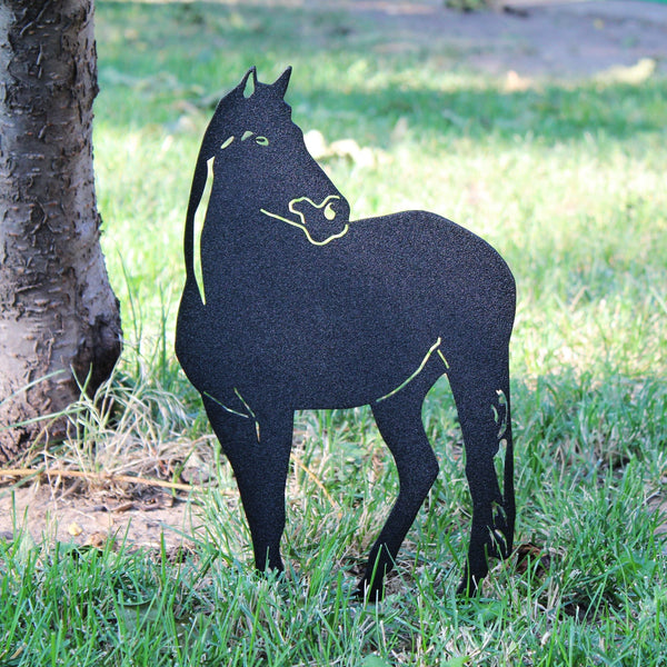 Horse Corten steel dog silhouette, matte black finish, shown outdoors – My Metal Rescue