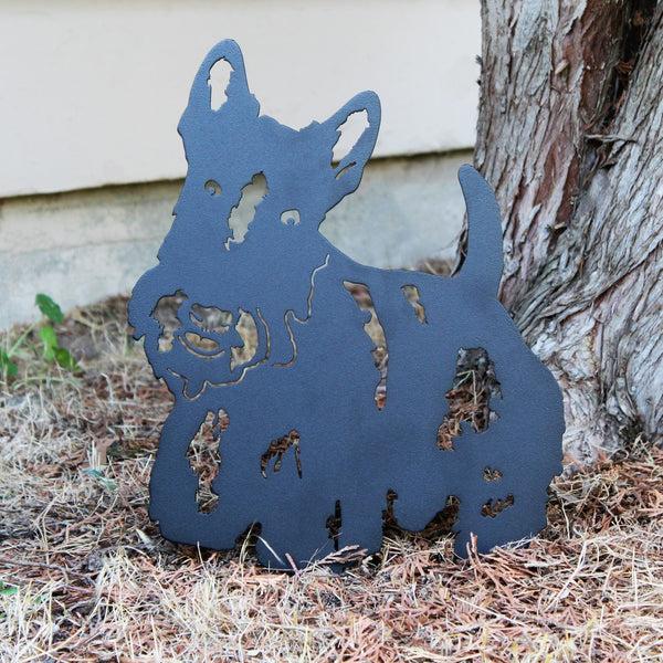 Scottish Terrier Corten steel dog silhouette, matte black finish, shown outdoors – My Metal Rescue