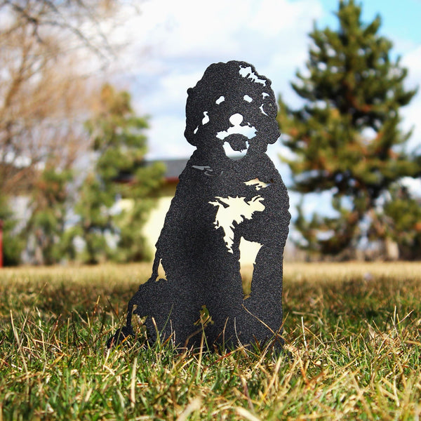 Doodle Corten steel dog silhouette, matte black finish, shown outdoors – My Metal Rescue