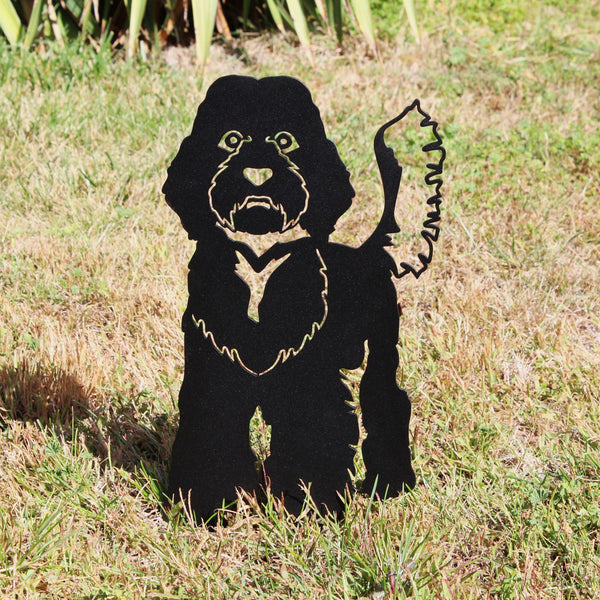 Labradoodle Corten steel dog silhouette, matte black finish, shown outdoors – My Metal Rescue