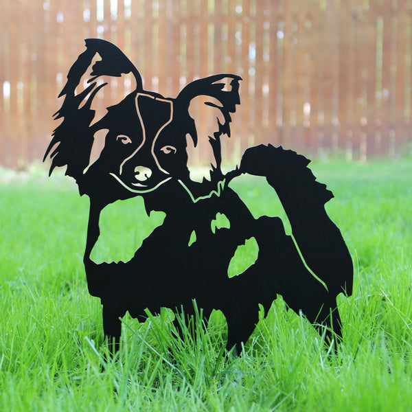 Papillon Corten steel dog silhouette, matte black finish, shown outdoors – My Metal Rescue