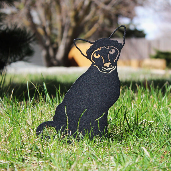 Siamese Corten steel dog silhouette, matte black finish, shown outdoors – My Metal Rescue