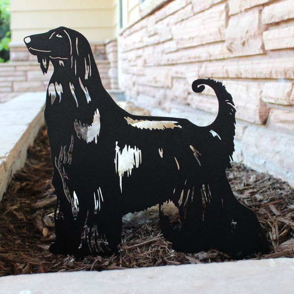 Afghan Hound Corten steel dog silhouette, matte black finish, shown outdoors – My Metal Rescue