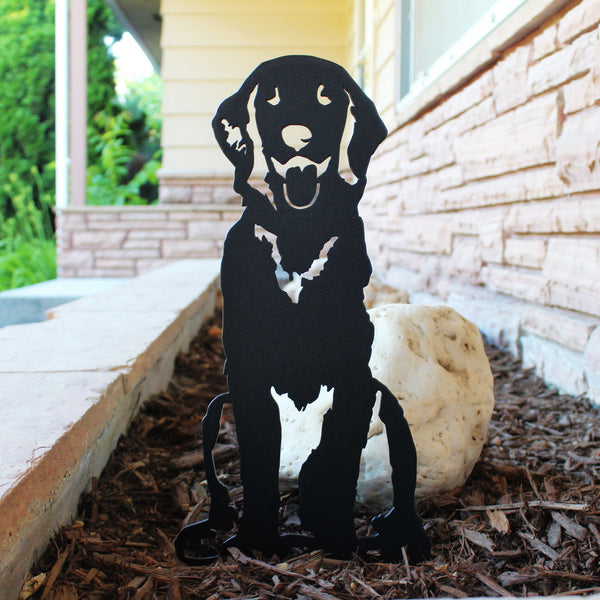 Golden Retriever Sitting Metal Art Handcrafted Dog Décor Corten steel dog silhouette, matte black finish, shown outdoors