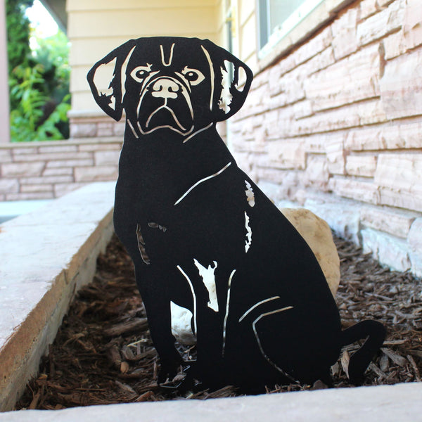 Puggle Corten steel dog silhouette, matte black finish, shown outdoors – My Metal Rescue
