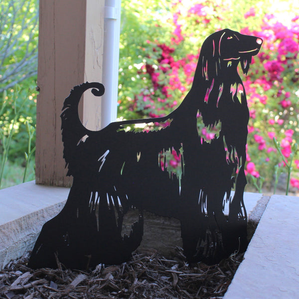 Afghan Hound Corten steel dog silhouette, matte black finish, shown outdoors – My Metal Rescue