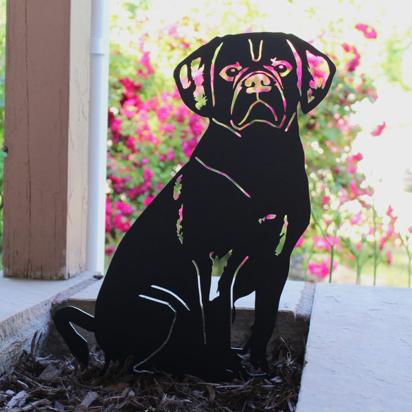 Puggle Corten steel dog silhouette, matte black finish, shown outdoors – My Metal Rescue
