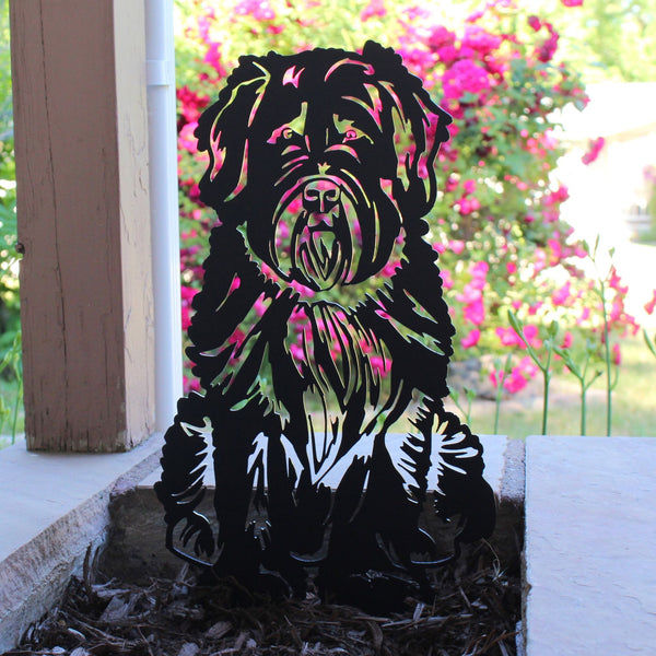 Soft Coated Wheaten Terrier Corten steel dog silhouette, matte black finish, shown outdoors – My Metal Rescue