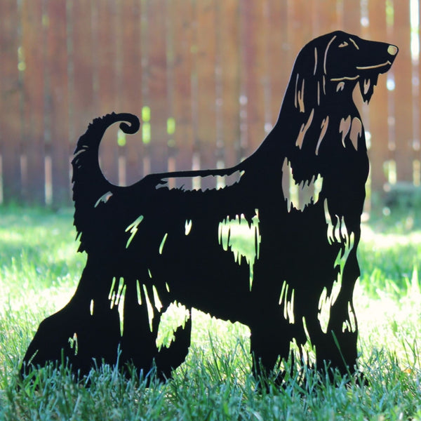 Afghan Hound Corten steel dog silhouette, matte black finish, shown outdoors – My Metal Rescue