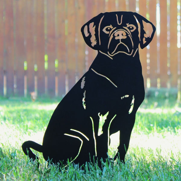 Puggle Corten steel dog silhouette, matte black finish, shown outdoors – My Metal Rescue