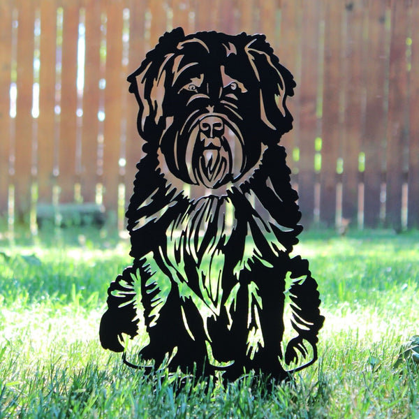 Soft Coated Wheaten Terrier Corten steel dog silhouette, matte black finish, shown outdoors – My Metal Rescue