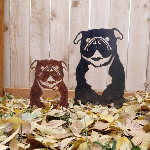 English Bulldog Corten steel dog silhouette, shown outdoors – My Metal Rescue
