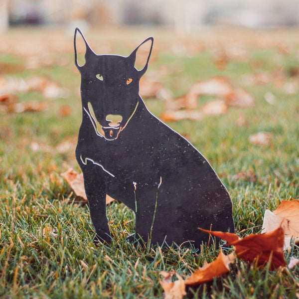 Bull Terrier Corten steel dog silhouette, raw polished steel finish, shown outdoors – My Metal Rescue