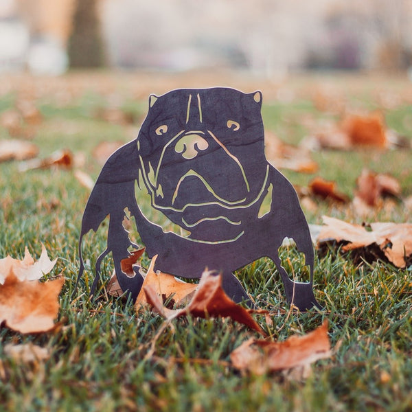 American Bully Corten steel dog silhouette, raw polished steel finish, shown outdoors – My Metal Rescue