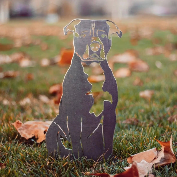 Staffordshire Bull Terrier Corten steel dog silhouette, raw polished steel finish, shown outdoors – My Metal Rescue