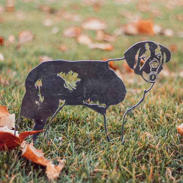 Saint Bernard Corten steel dog silhouette, raw polished steel finish, shown outdoors – My Metal Rescue