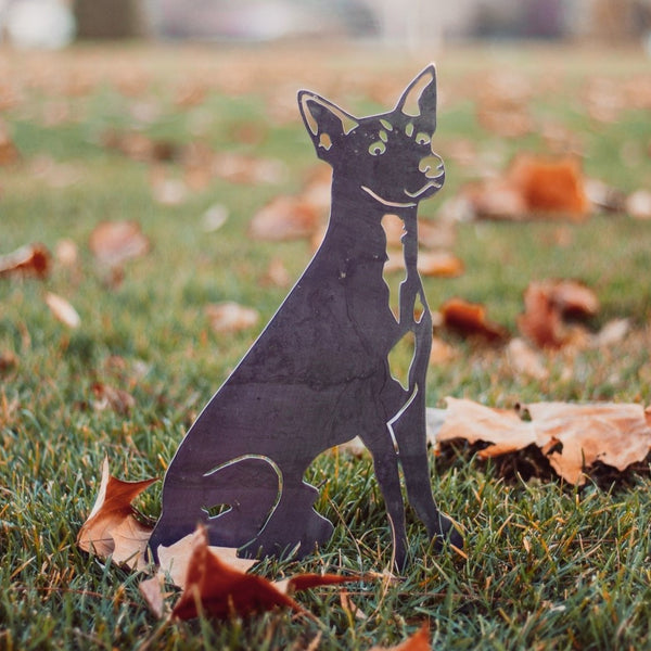 Rat Terrier Corten steel dog silhouette, raw polished steel finish, shown outdoors – My Metal Rescue
