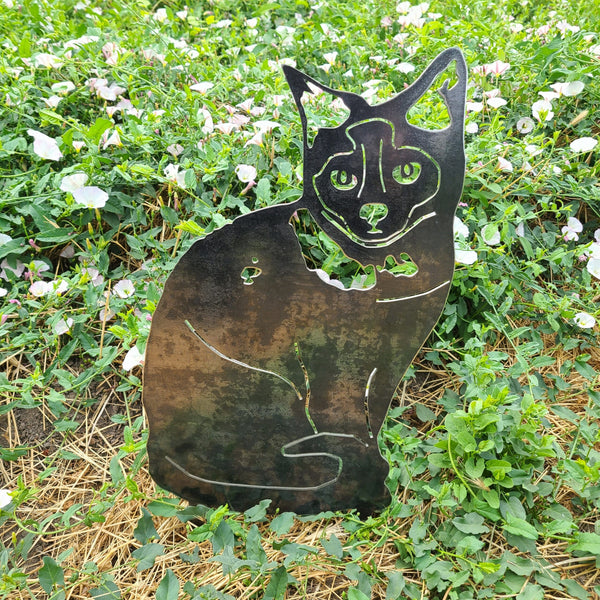 Birman Corten steel dog silhouette, raw polished steel finish, shown outdoors – My Metal Rescue