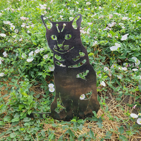 Shorthair Tabby Corten steel dog silhouette, raw polished steel finish, shown outdoors – My Metal Rescue