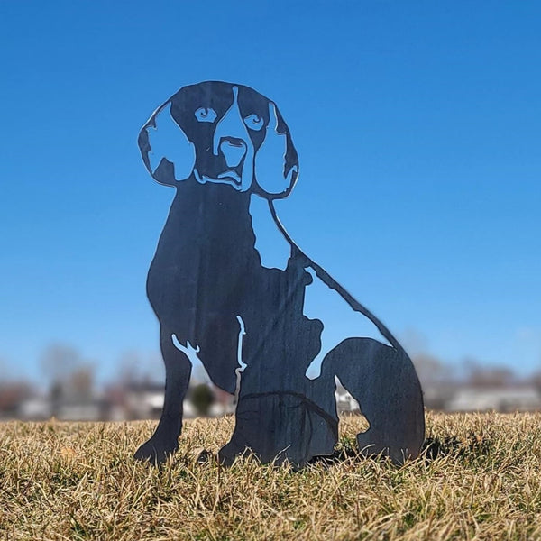 Beagle Corten steel dog silhouette, raw polished steel finish, shown outdoors – My Metal Rescue