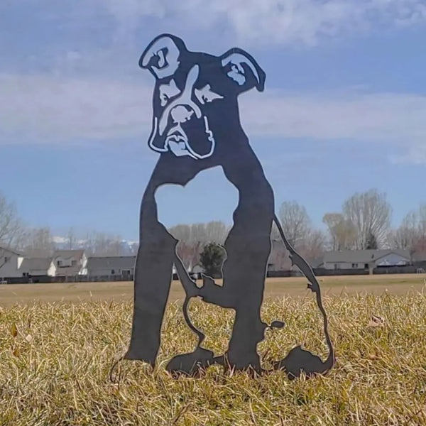 Boxer Corten steel dog silhouette, raw polished steel finish, shown outdoors – My Metal Rescue