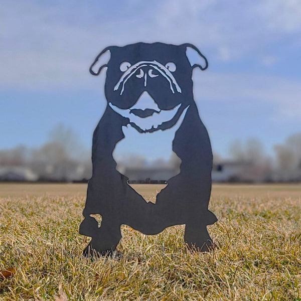 English Bulldog Corten steel dog silhouette, raw polished steel finish, shown outdoors – My Metal Rescue