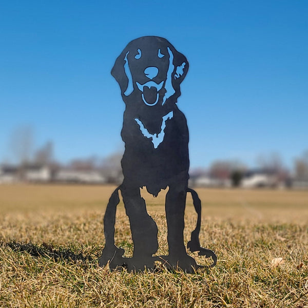 Golden Retriever Sitting Metal Art Handcrafted Dog Décor Corten steel dog silhouette, raw polished steel finish, shown