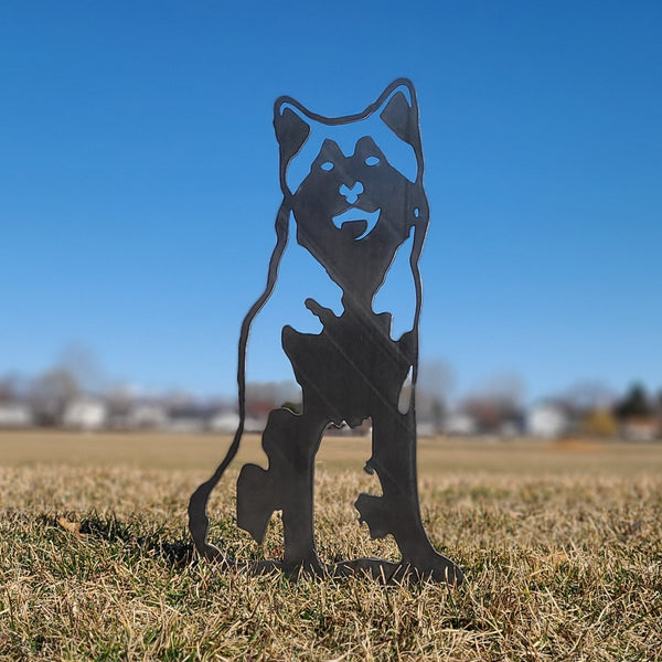 Siberian Husky Corten steel dog silhouette, raw polished steel finish, shown outdoors – My Metal Rescue