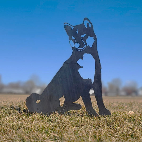 Shiba Inu Corten steel dog silhouette, raw polished steel finish, shown outdoors – My Metal Rescue