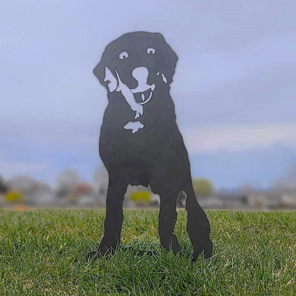 Labrador Retriever Metal Art Handcrafted Dog Décor Corten steel dog silhouette, raw polished steel finish, shown outdoors