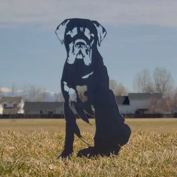 Mastiff Corten steel dog silhouette, raw polished steel finish, shown outdoors – My Metal Rescue