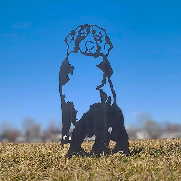 Swiss Mountain Dog Corten steel dog silhouette, raw polished steel finish, shown outdoors – My Metal Rescue