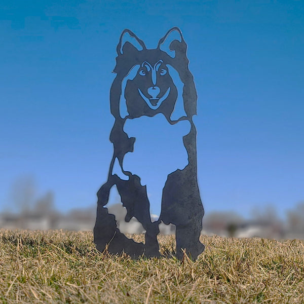 Rough Collie Corten steel dog silhouette, raw polished steel finish, shown outdoors – My Metal Rescue