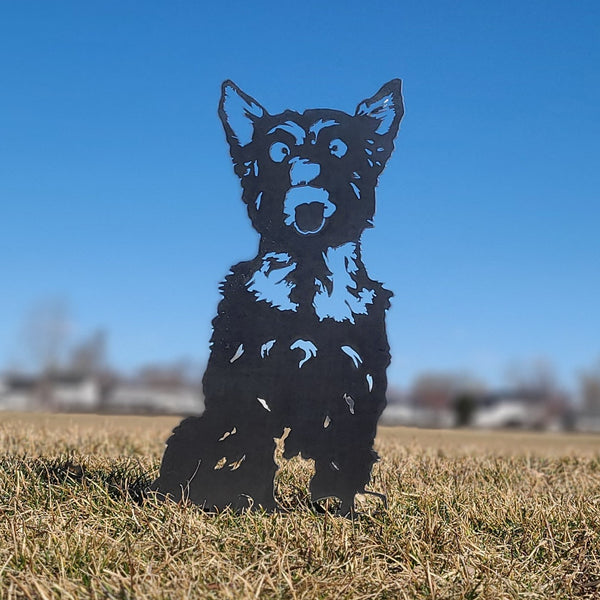 Yorkshire Terrier Corten steel dog silhouette, raw polished steel finish, shown outdoors – My Metal Rescue