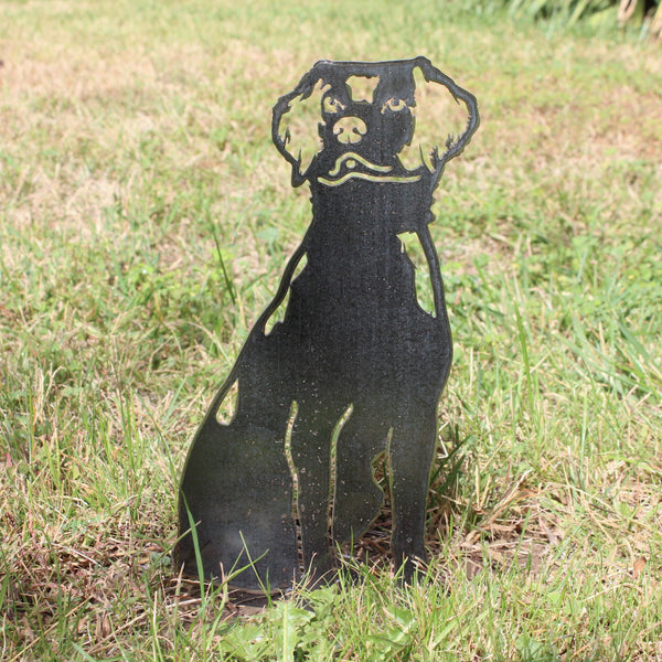 Brittany Spaniel Corten steel dog silhouette, raw polished steel finish, shown outdoors – My Metal Rescue