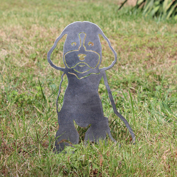 Cockapoo Corten steel dog silhouette, raw polished steel finish, shown outdoors – My Metal Rescue
