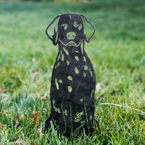 Dalmatian Corten steel dog silhouette, raw polished steel finish, shown outdoors – My Metal Rescue