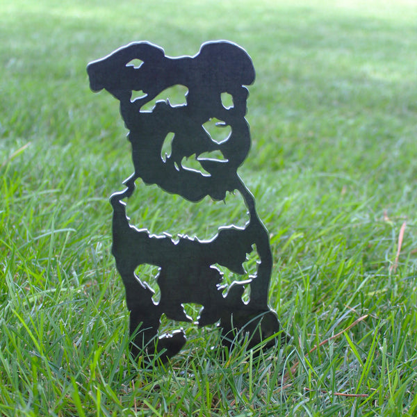 Schnauzer Corten steel dog silhouette, raw polished steel finish, shown outdoors – My Metal Rescue