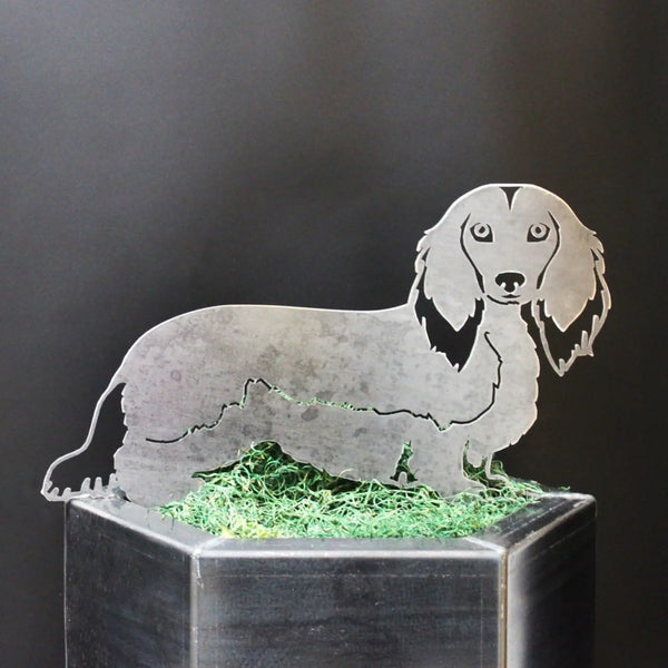 Dachshund Longhaired Corten steel dog silhouette, raw polished steel finish – My Metal Rescue
