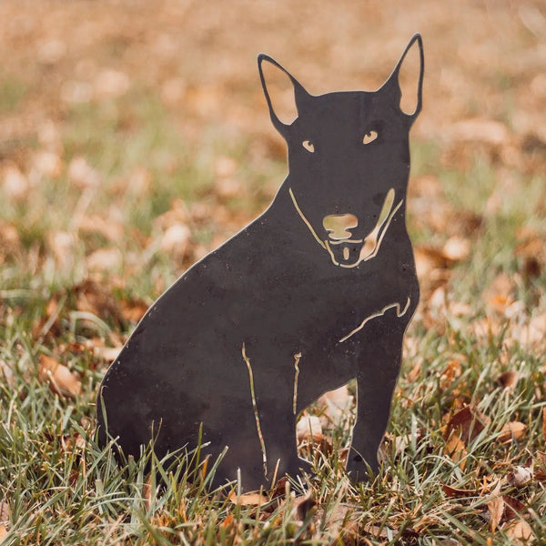 Bull Terrier Corten steel dog silhouette, raw polished steel finish, shown outdoors – My Metal Rescue