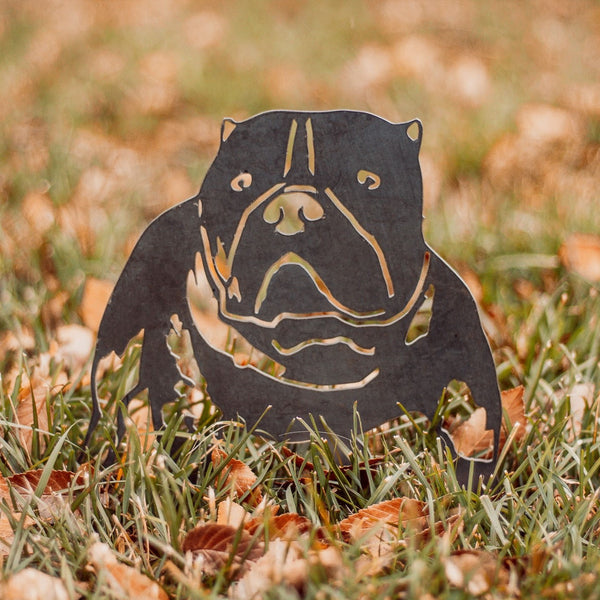 American Bully Corten steel dog silhouette, raw polished steel finish, shown outdoors – My Metal Rescue