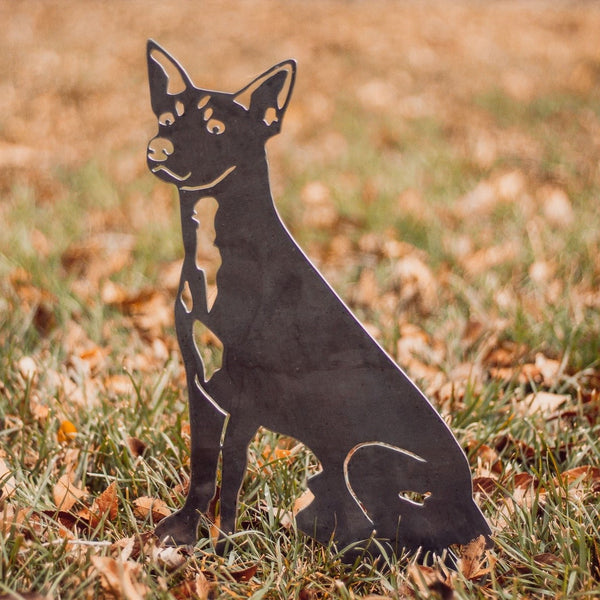 Rat Terrier Corten steel dog silhouette, raw polished steel finish, shown outdoors – My Metal Rescue