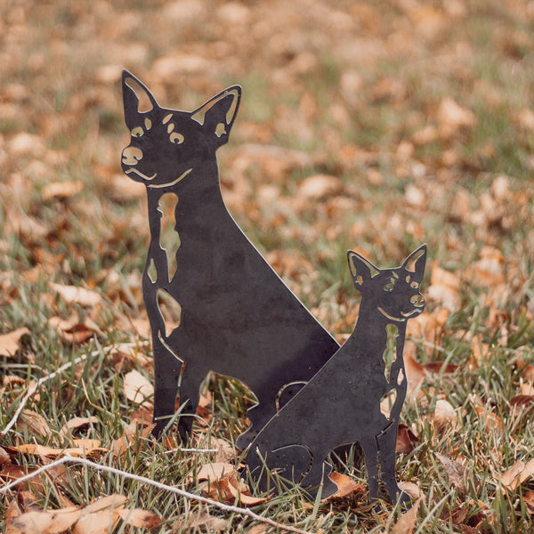 Rat Terrier Corten steel dog silhouette, raw polished steel finish, shown outdoors – My Metal Rescue
