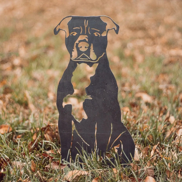 Staffordshire Bull Terrier Corten steel dog silhouette, raw polished steel finish, shown outdoors – My Metal Rescue