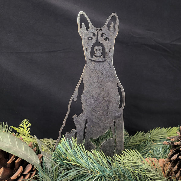 Basenji Corten steel dog silhouette, raw polished steel finish, shown outdoors – My Metal Rescue